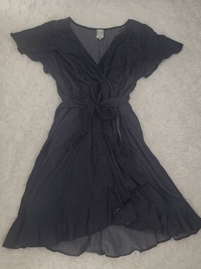 NAIF Navy Denim Wrap Midi Dress with Tie Waist